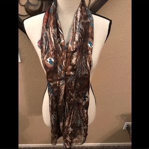Brown with colorful feathers scarf NWOT